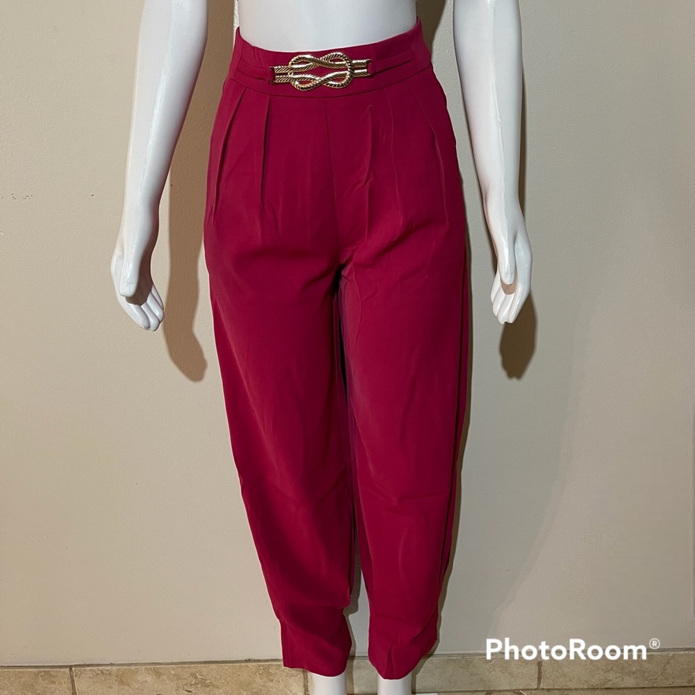 Red pleated tapered high waisted pants
